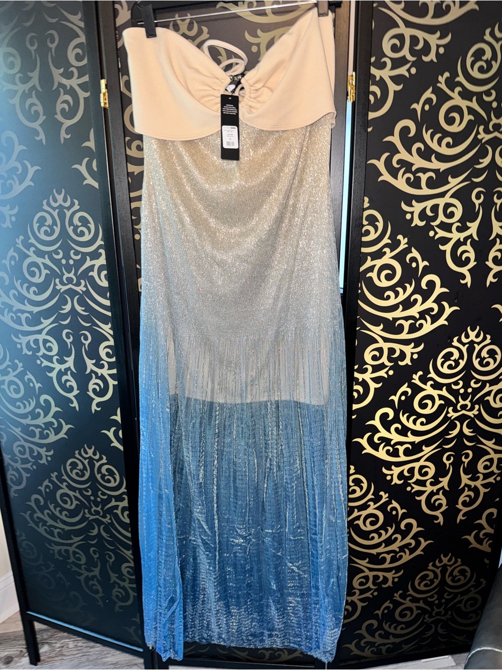 Fashion Nova Strapless Ombre Sequin Maxi Dress in Beige and Blue